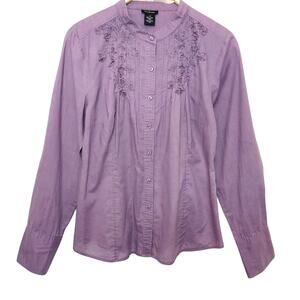 Calvin Klein Jeans Cotton Purple Button Up Floral Embroidery Shirt Blouse Top